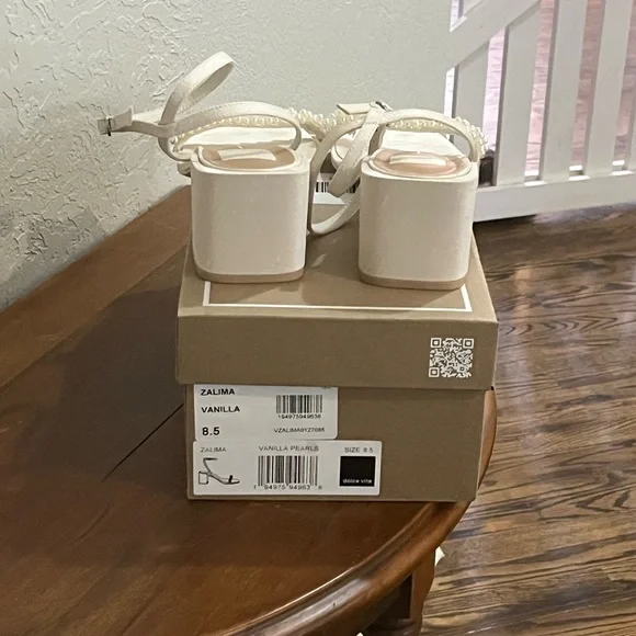 Dolce Vita Ivory Pearl-Trim Ankle Strap Block Heels - Picture 6 of 9